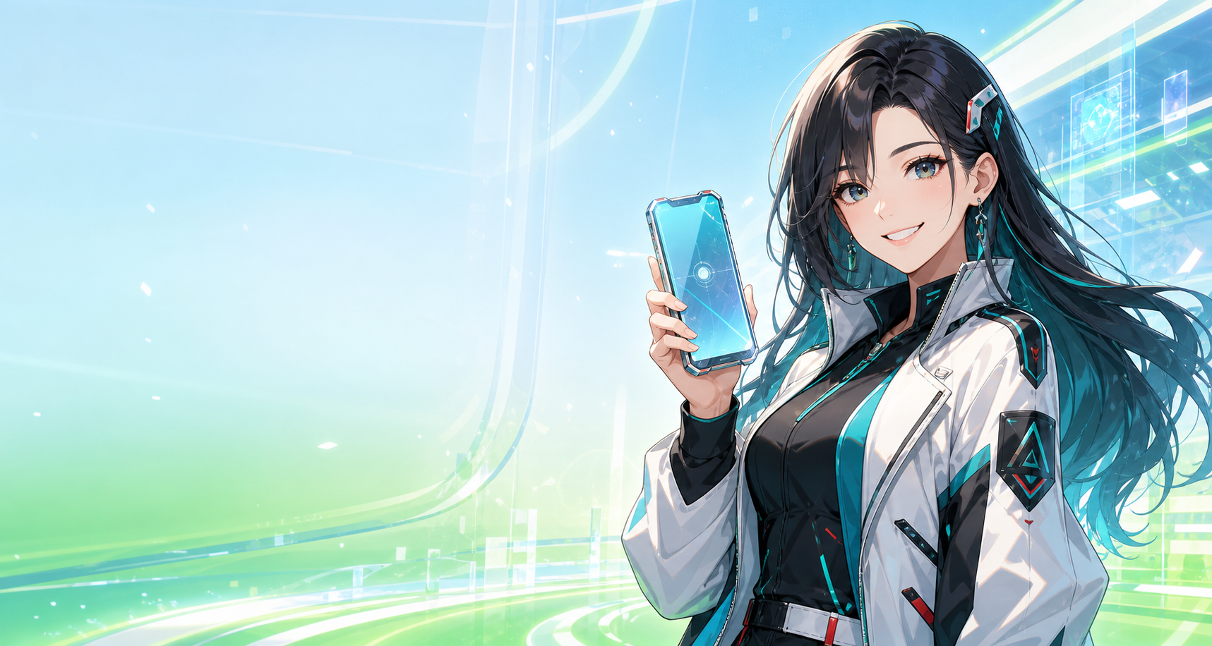 未来的なスマートフォンを持って微笑むサイバー調の女性キャラクター